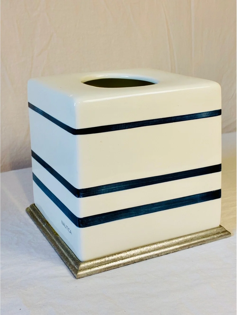 Nautica Ceramic Tissue Box Cover with Blue Stripes and Silver Base